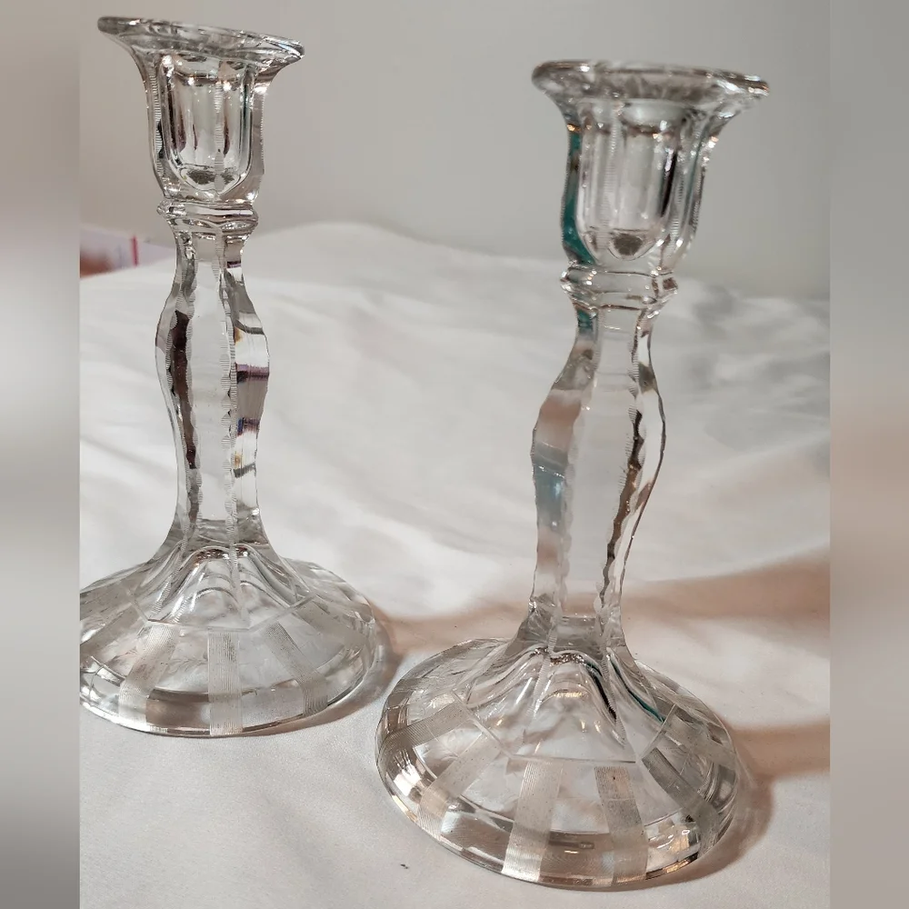 Elegant Vintage Clear Glass Candlestick Holders Set Of 2 Minor Discoloration